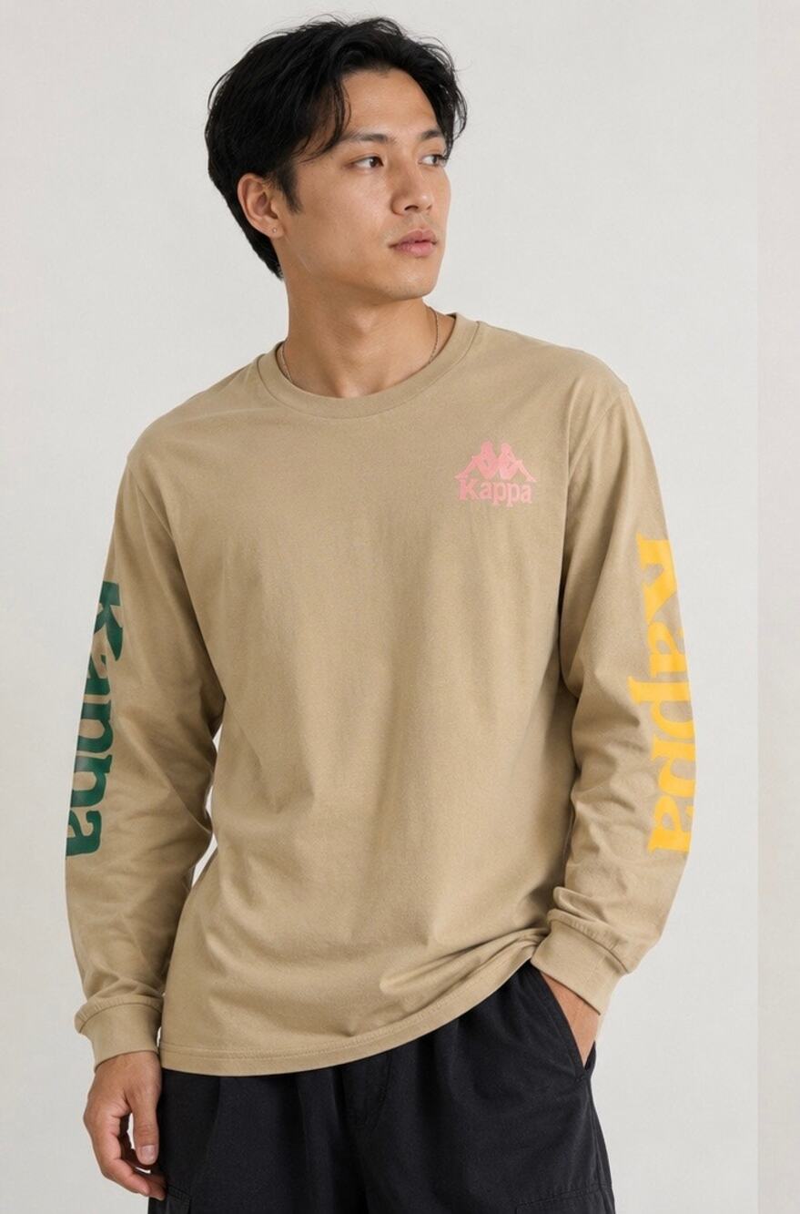 Kappa Long Sleeve Graphic T-Shirt Tan Beige Cotton Streetwear Crew Neck Men’s L
